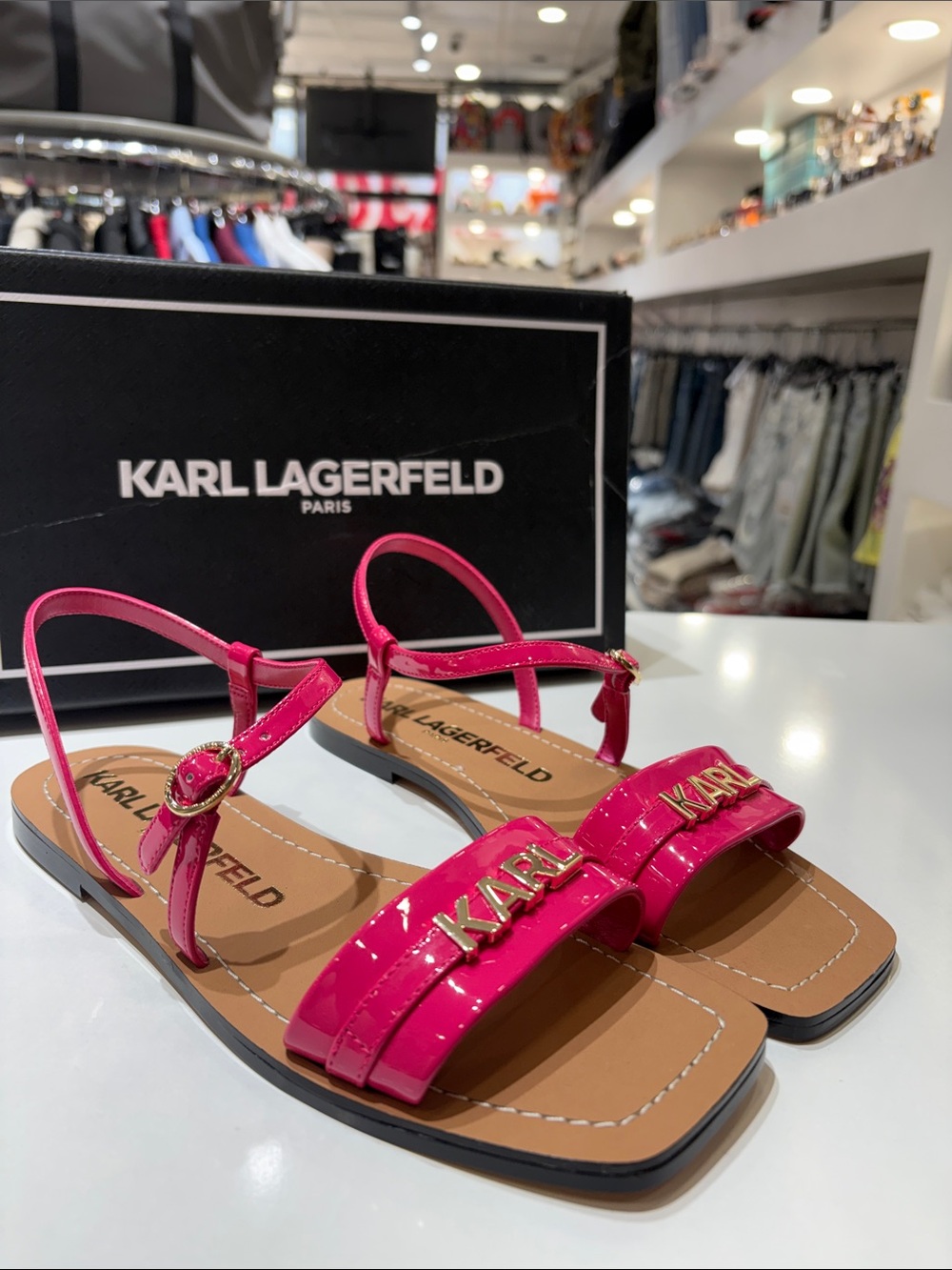 Karl Lagerfeld Pink Patent Logo Strap Sandals
